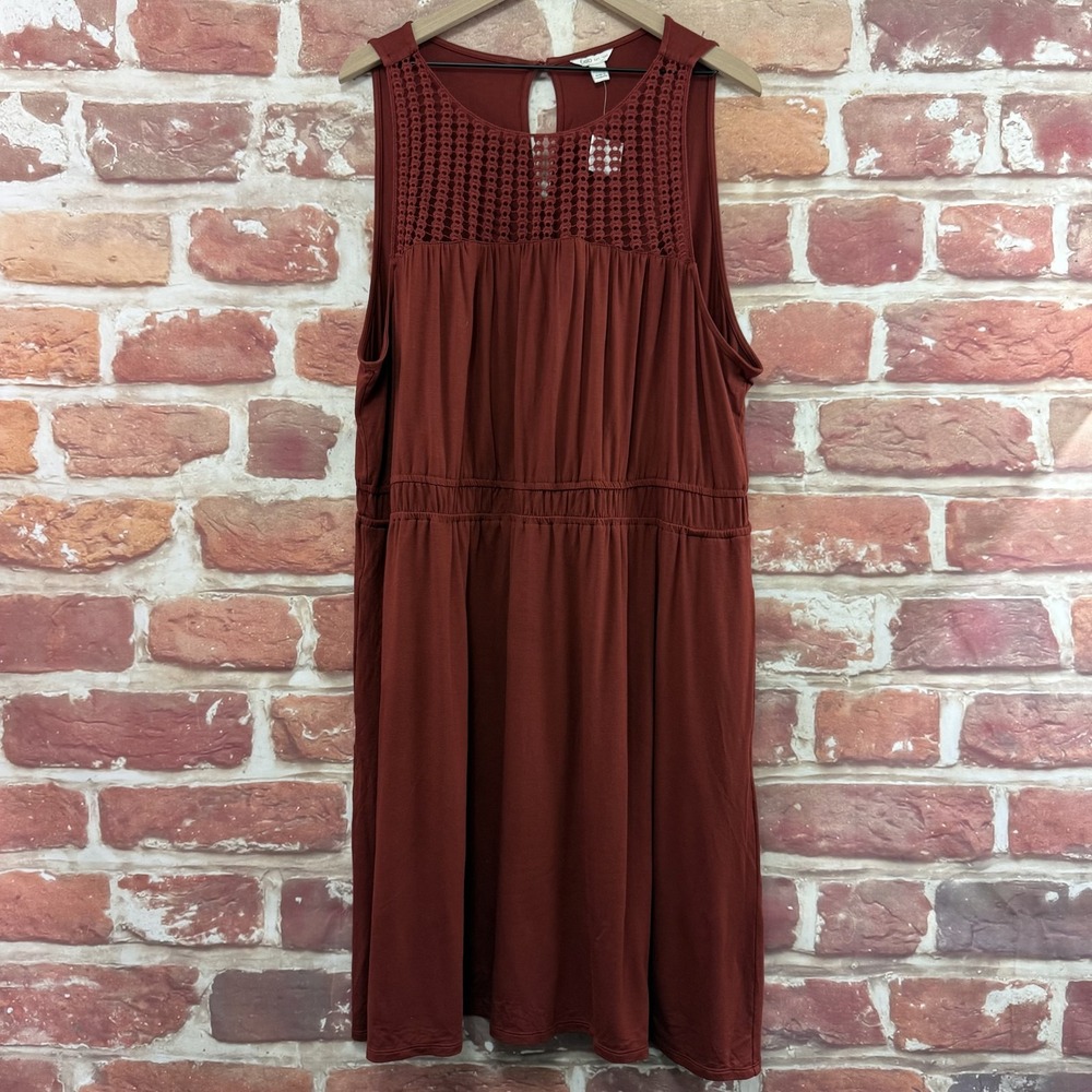 Cato Dress Women's 22/24W Russet Rust Brown Boho Crochet Yoke Casual Sundress